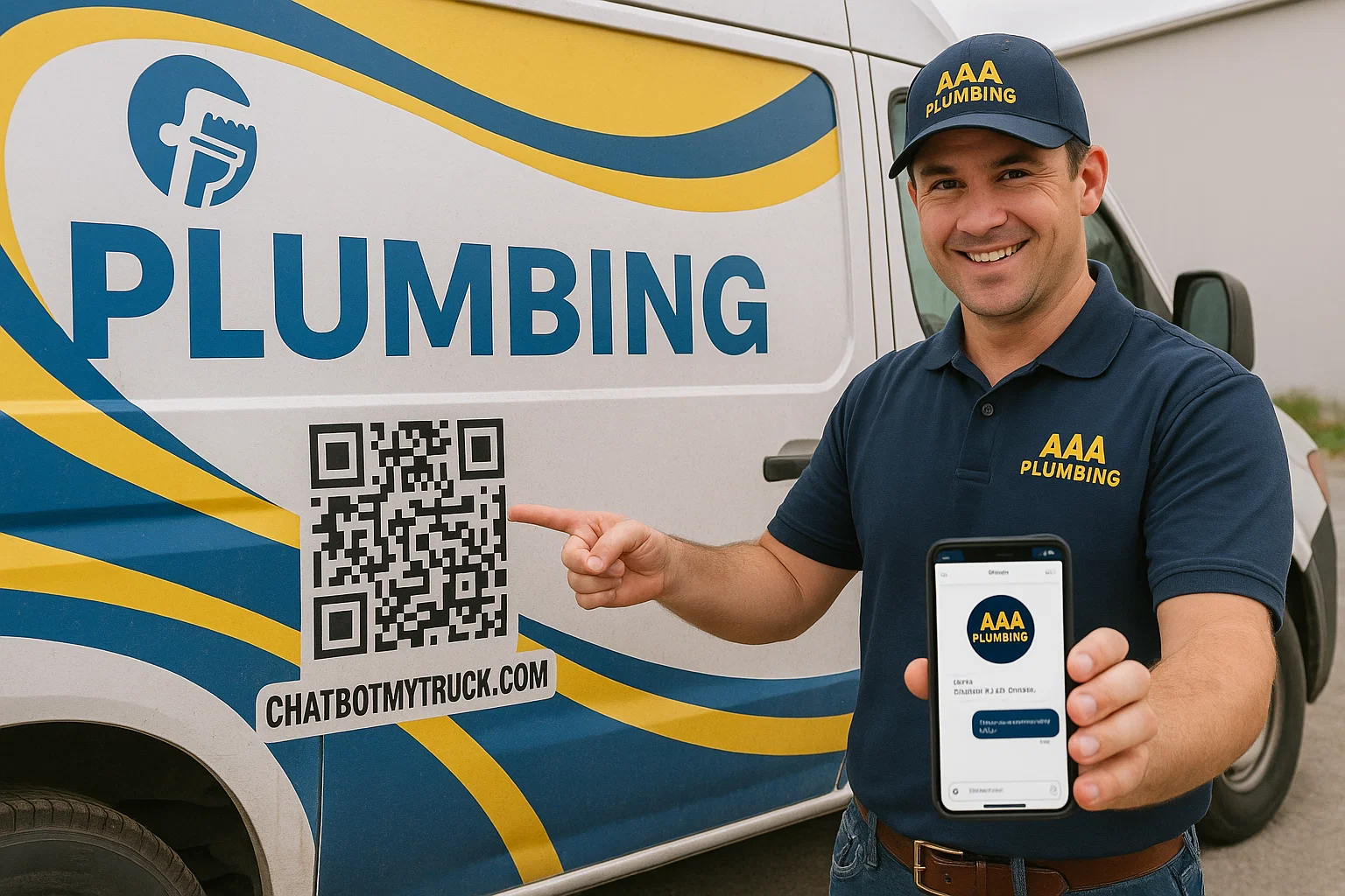 Professional plumber displaying QR code system on work truck